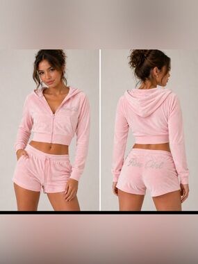 Rhinestone Script Pink Velour Cropped Hoodie & Shorts Set